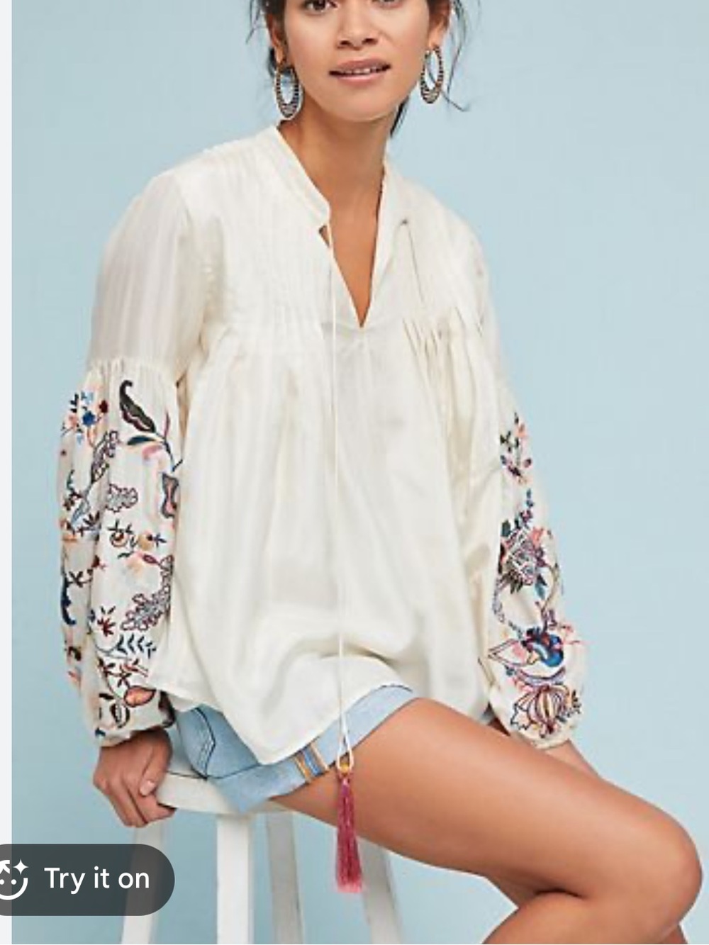 Anthropologie Let Me Be Ivory Embroidered Boho Peasant Blouse Tassel Top M